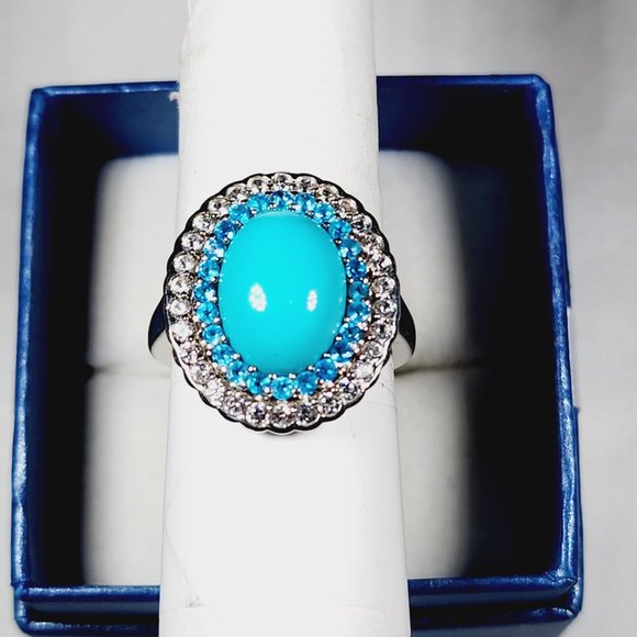 Sleeping Beauty Turquoise, Neon Apatite, White Zircon halo ring in Plat/925 sz 8 - Picture 4 of 6
